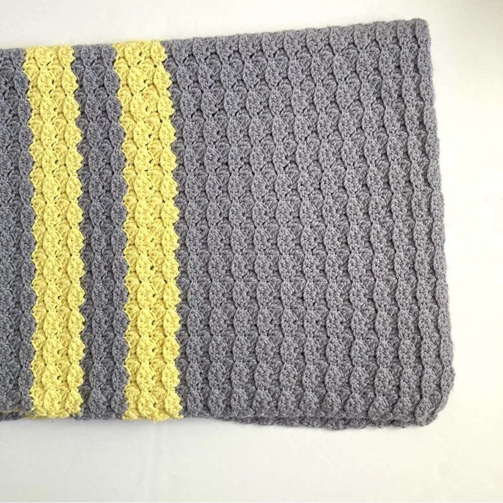 Vintage Unisex Hand Knitted Crocheted Baby Blanket Blueish Gray Yellow 36x48”